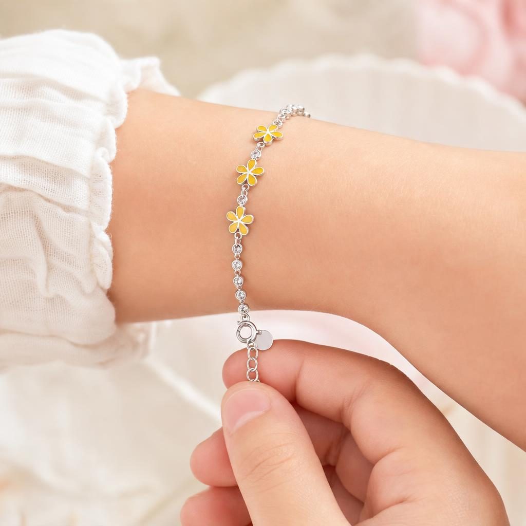 Brățară pentru Copii din Argint 925, Model Flori, cu Email Galben și Pietre de Zirconiu, Lungime 21 cm, 4.6 g, Argintiu