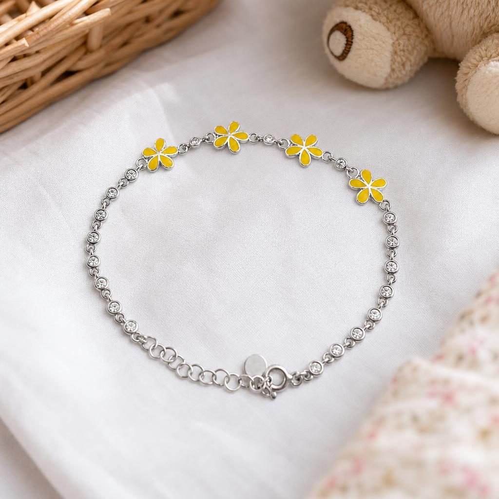 Brățară pentru Copii din Argint 925, Model Flori, cu Email Galben și Pietre de Zirconiu, Lungime 21 cm, 4.6 g, Argintiu