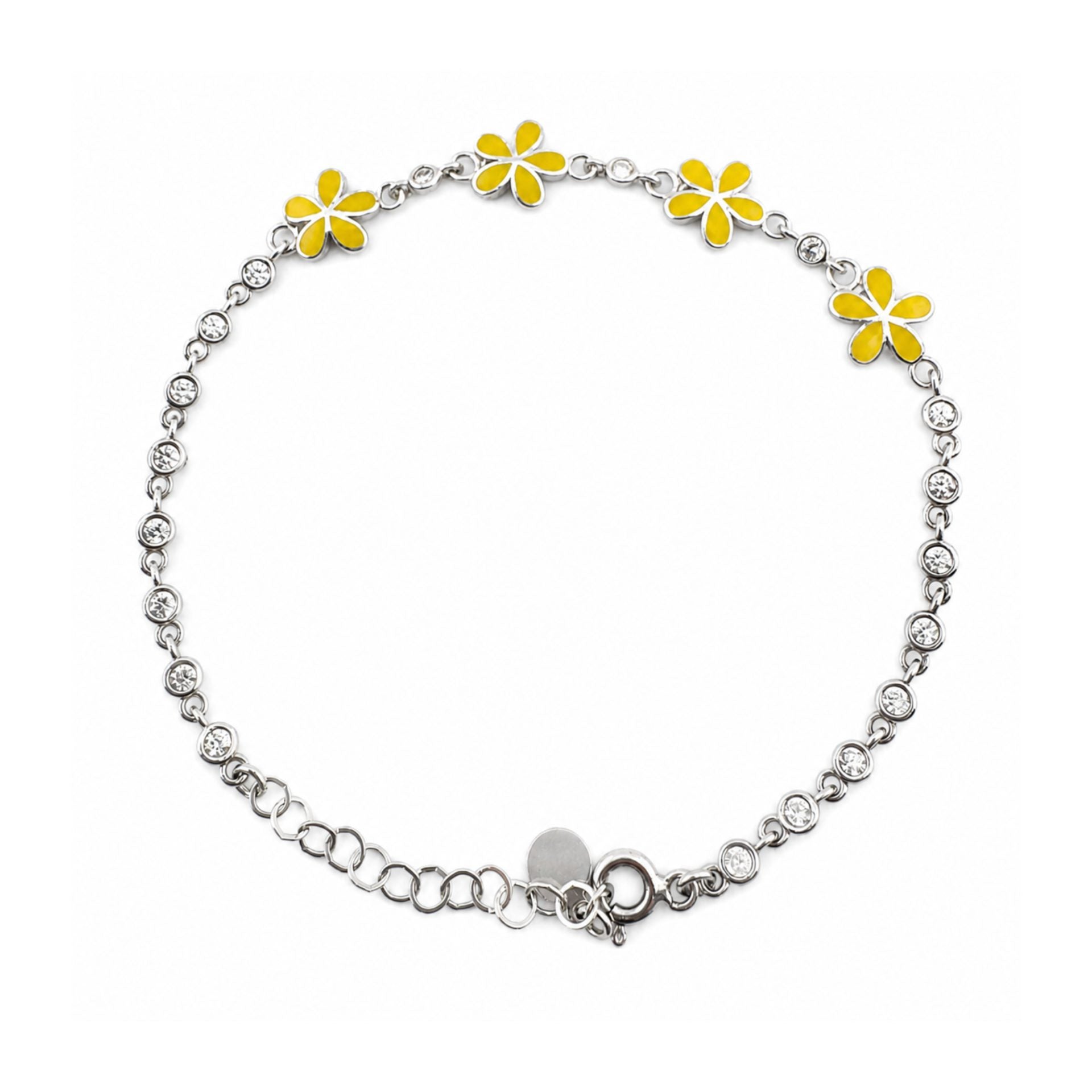 Brățară pentru Copii din Argint 925, Model Flori, cu Email Galben și Pietre de Zirconiu, Lungime 21 cm, 4.6 g, Argintiu