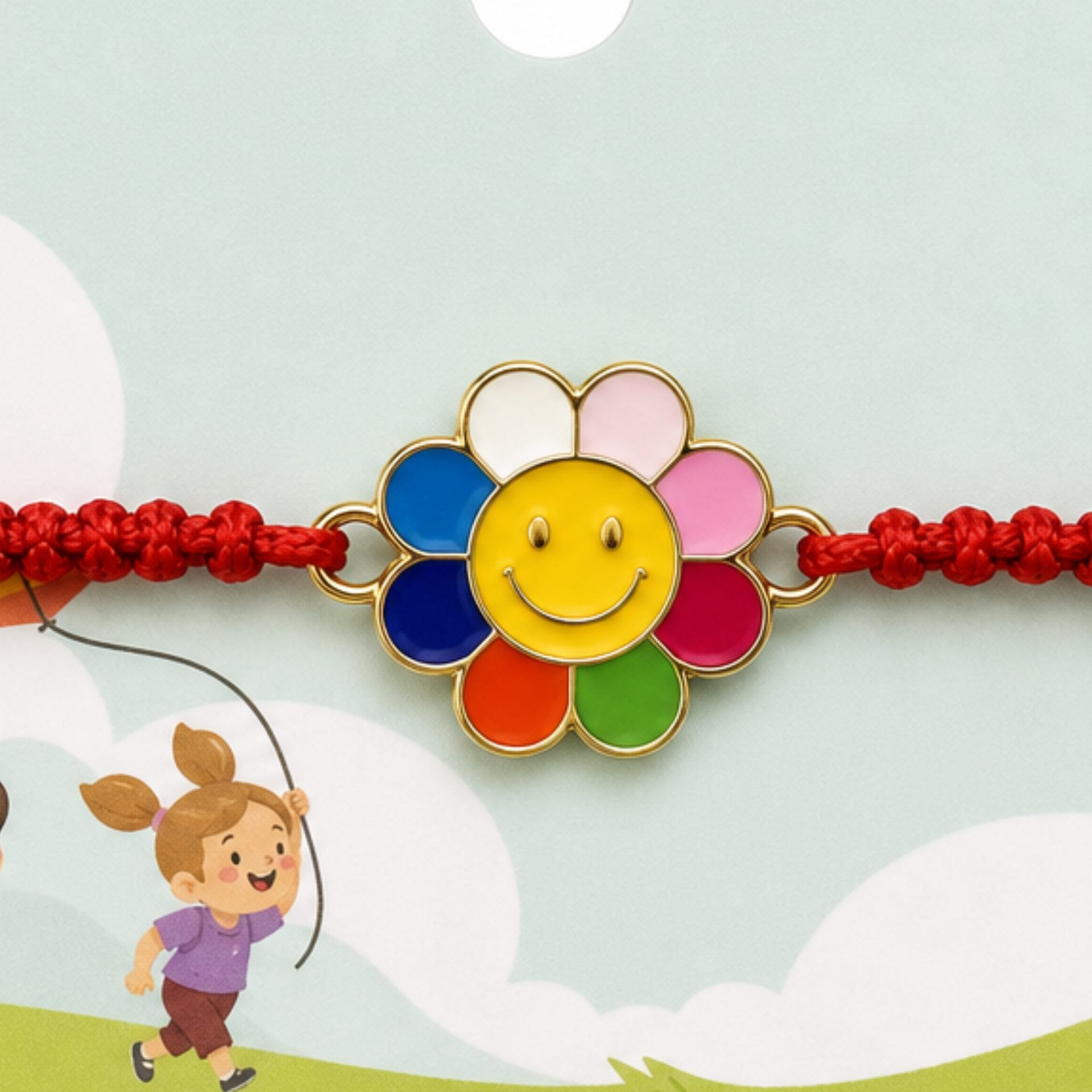 Bratara pentru Copii, cu Impletitura Snur Rosu, Model Floare, Multicolor