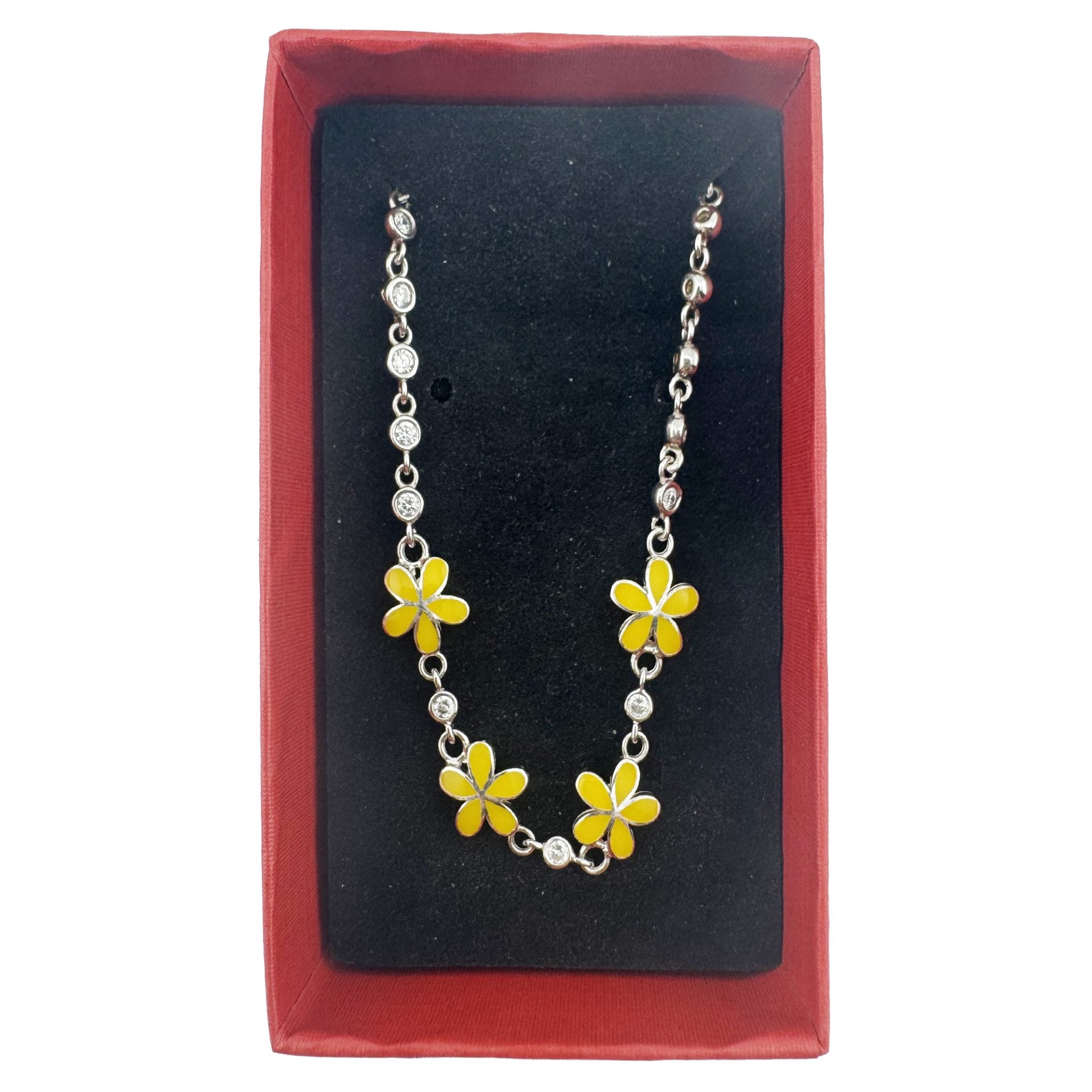 Brățară pentru Copii din Argint 925, Model Flori, cu Email Galben și Pietre de Zirconiu, Lungime 21 cm, 4.6 g, Argintiu
