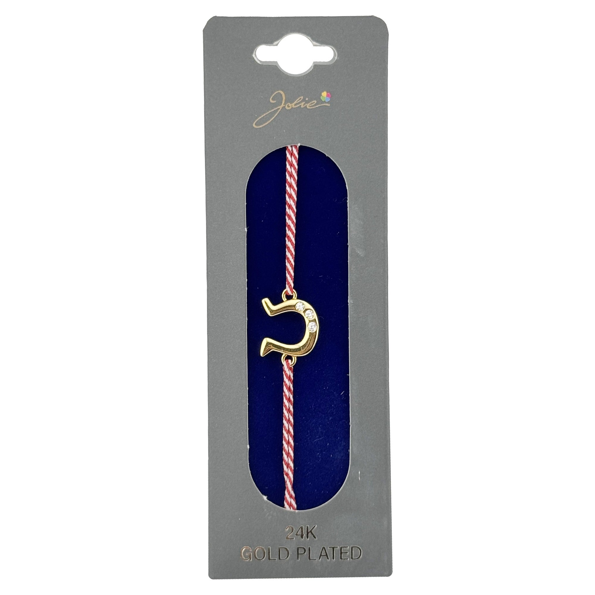 Bratara Placata cu Aur 24k, Jolie, Model POTCOAVA cu PIETRE, Martisor Bratara, cu Snur Alb/Rosu, Auriu