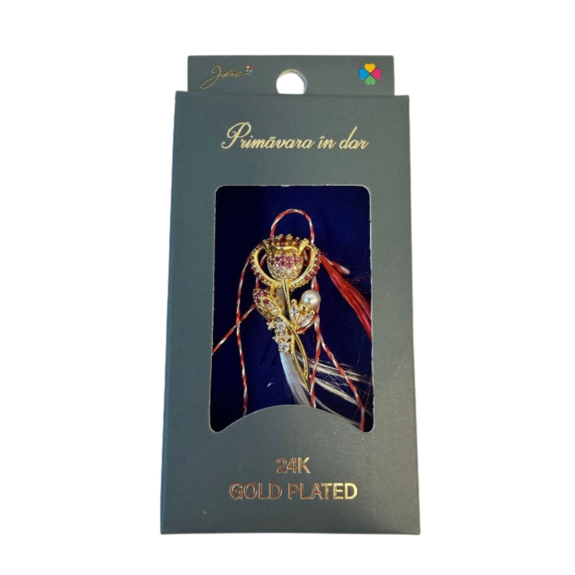 Martisor cu Brosa Placata cu Aur 24K, Ambalaj Carton cu Design, Material Metal, Model Floare, Dimensiune Brosa 2.5-3cm, Auriu/Roz