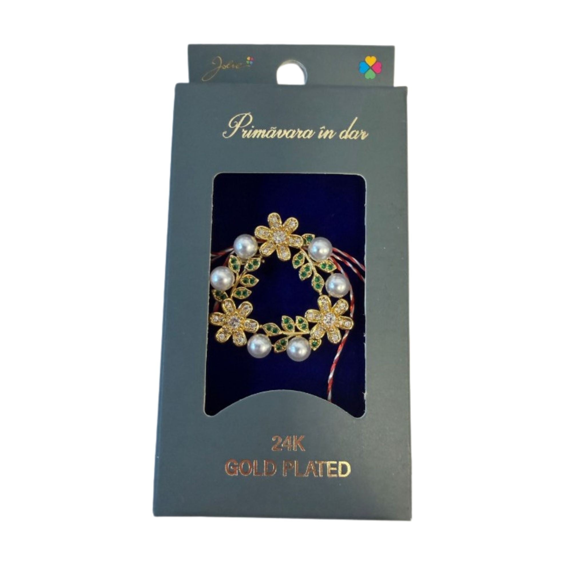 Martisor cu Brosa Placata cu Aur 24K, Ambalaj Carton cu Design, Material Metal, Dimensiune Brosa 2.5-3cm, Auriu/Verde