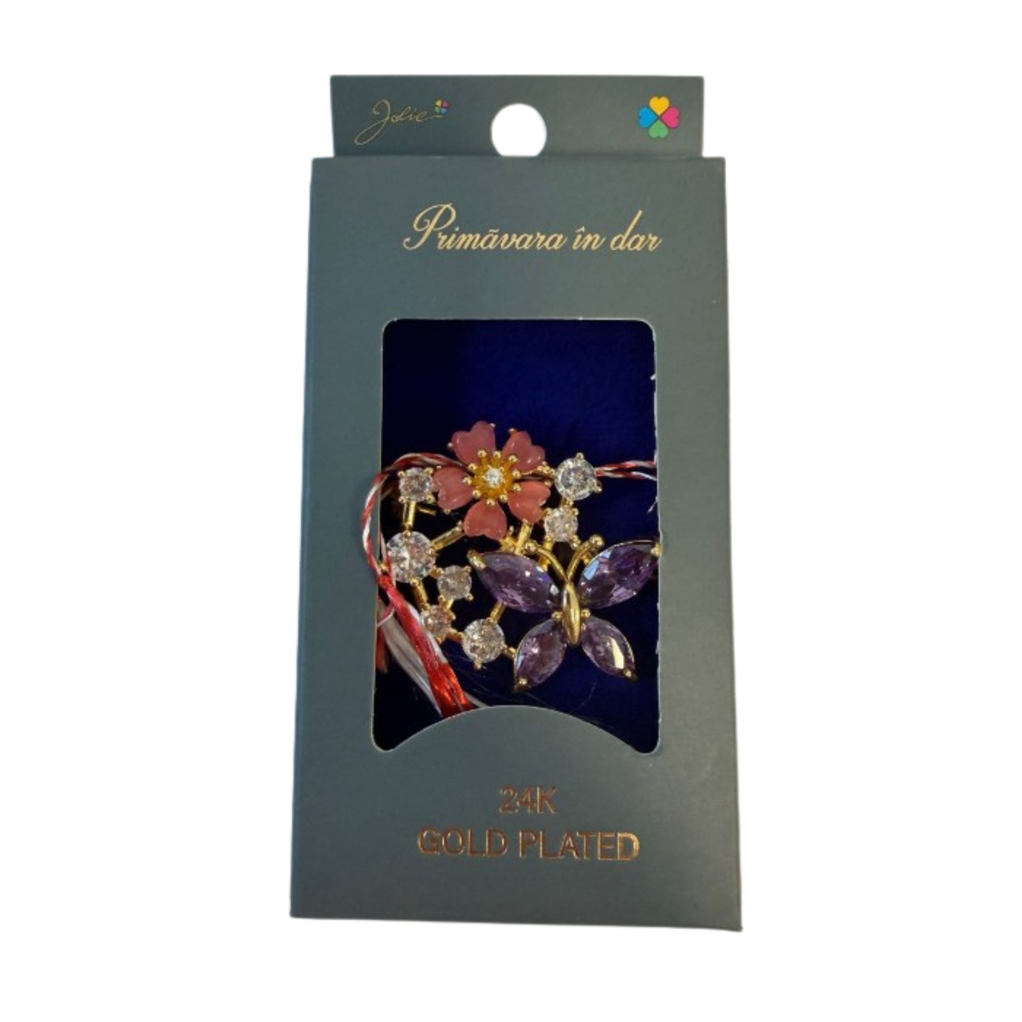 Martisor cu Brosa Placata cu Aur 24K, Ambalaj Carton cu Design, Material Metal, Model Fluture, Dimensiune Brosa 2.5-3cm, Auriu/Mov