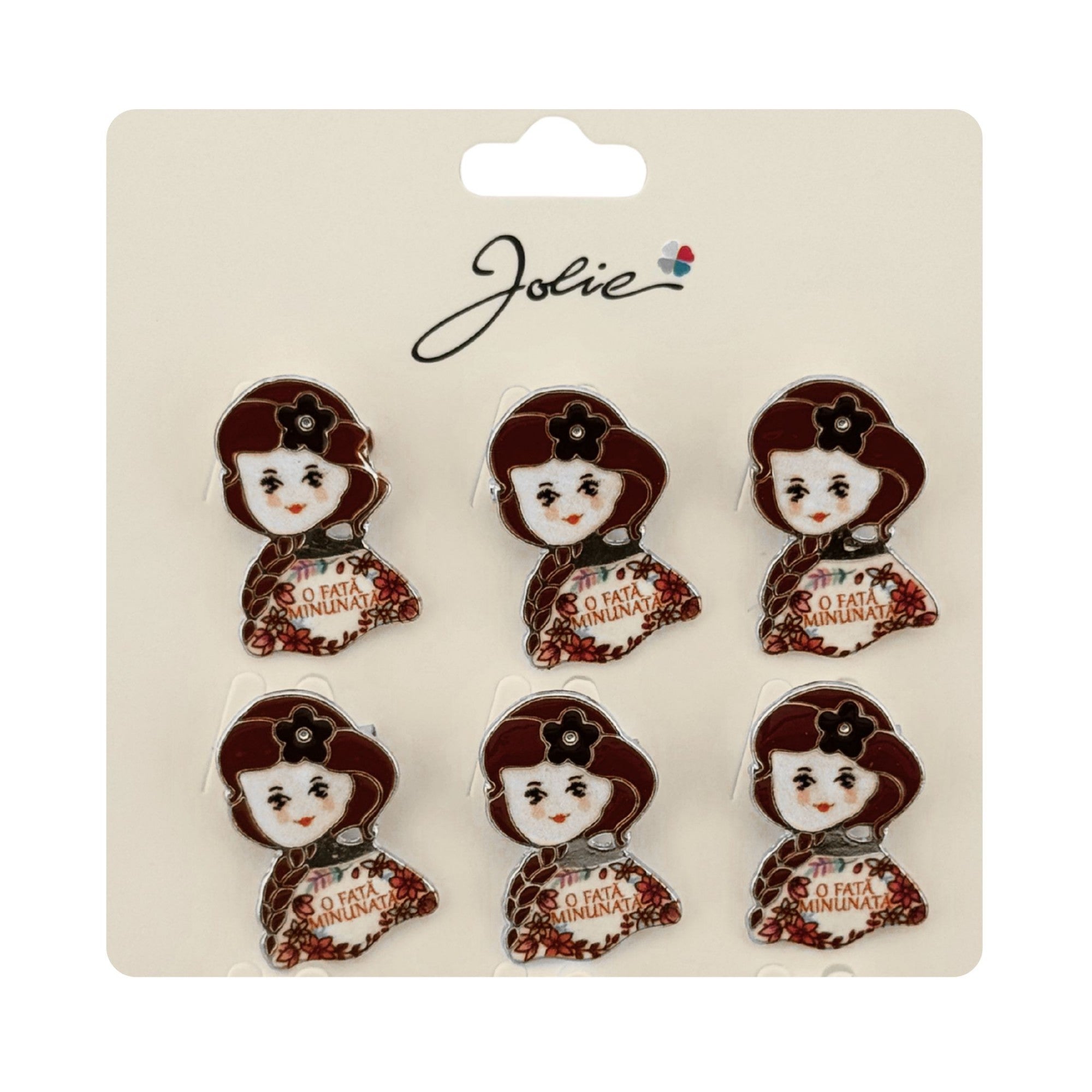 Brose Martisor Primavara, Jolie, Set 12 Bucati, Model cu Mesaj O Fata Minunata, Brosa din Metal, 3 x 2 cm per Bucata, Rosu inchis