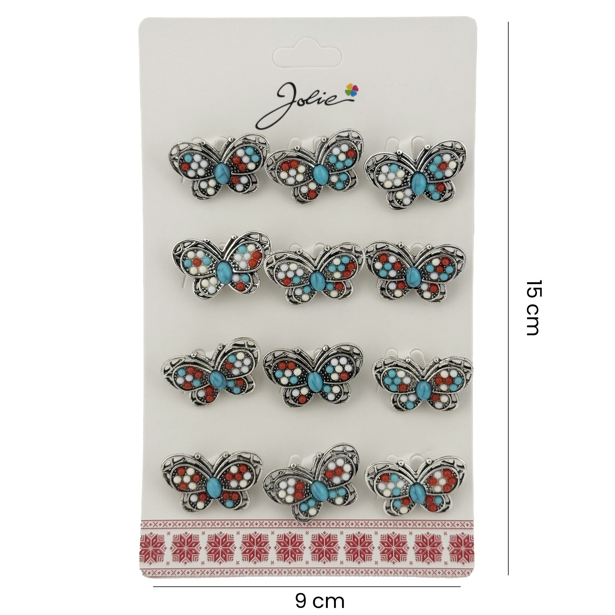 Brose Martisor Primavara, Jolie, Set 12 Bucati, Model Fluture cu Pietre, Brosa din Metal, 3 x 2 cm per Bucata, Argintiu