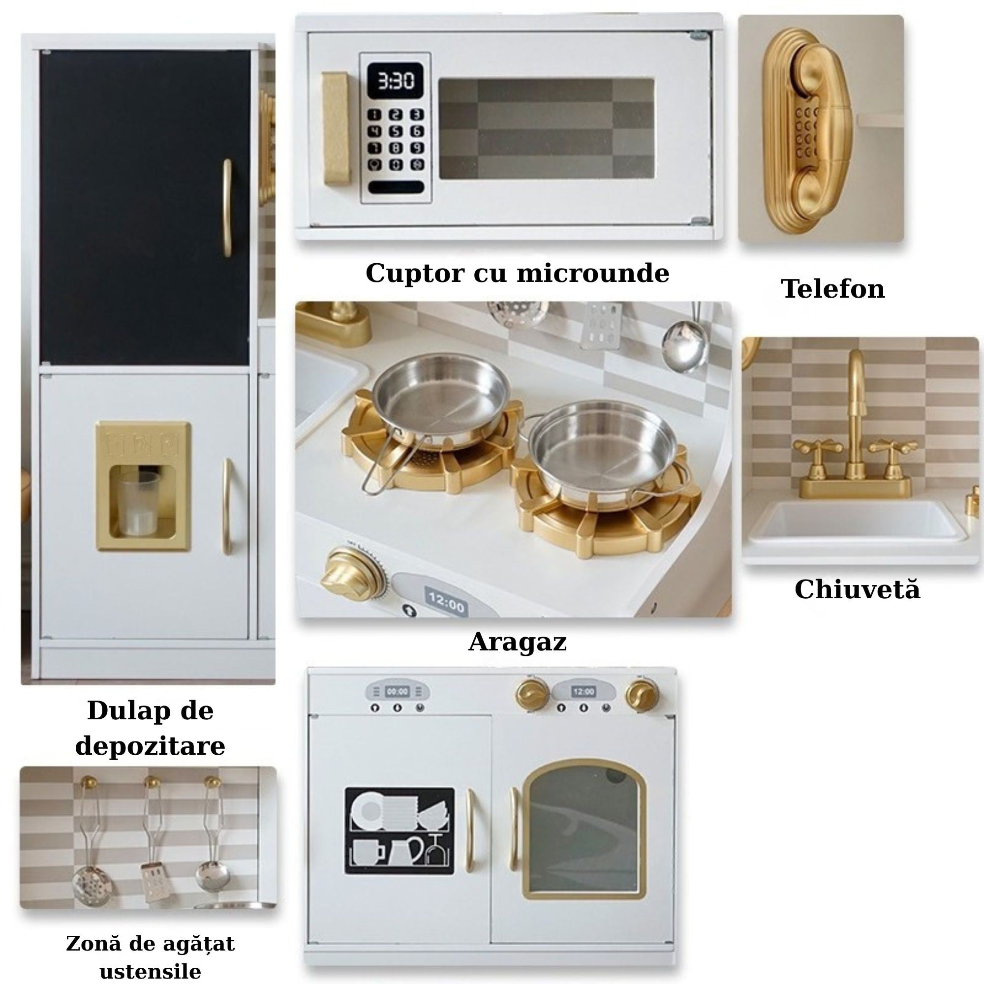 Bucatarie pentru Copii, Interactiva, cu Frigider, Chiuveta, Aragaz, Cuptor cu microunde, Telefon, Accesorii, 80x80x30 cm, Alb/Negru