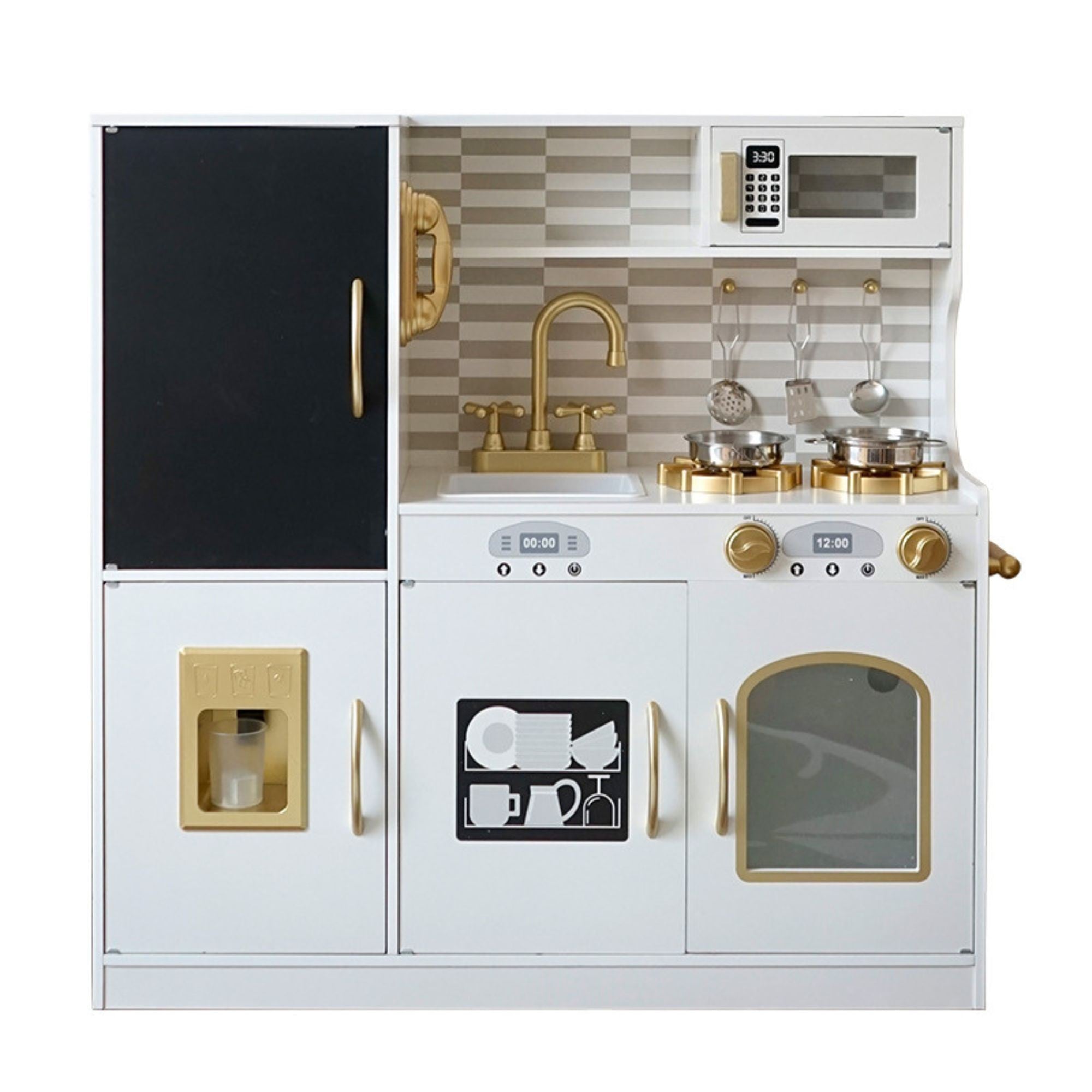 Bucatarie pentru Copii, Interactiva, cu Frigider, Chiuveta, Aragaz, Cuptor cu microunde, Telefon, Accesorii, 80x80x30 cm, Alb/Negru