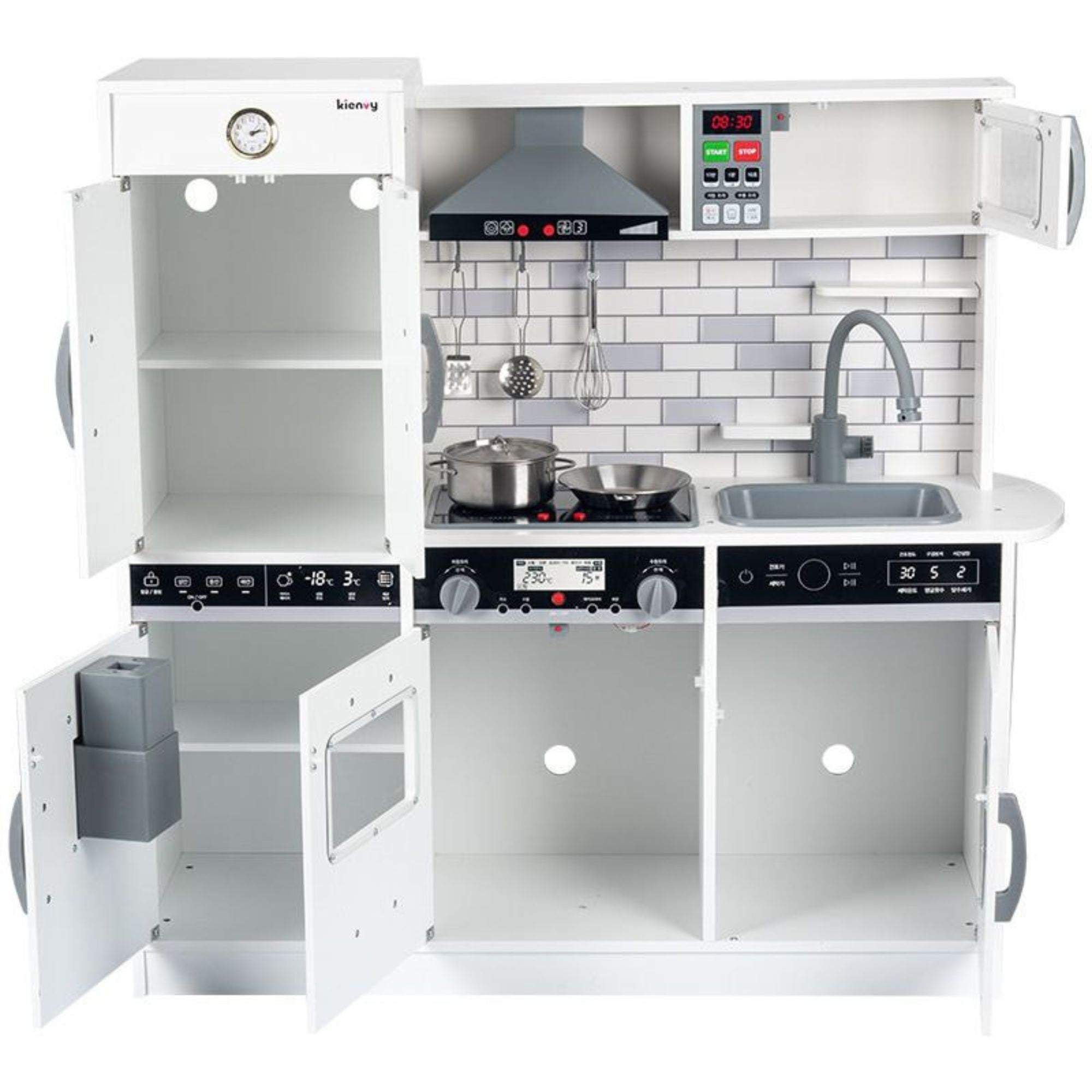 Bucatarie pentru Copii, Flippy, Multifunctionala, Interactiva, cu Sunete, Lumini, Frigider, Cuptor, Chiuveta si Hota, 90 x 90 x 30 cm, Alb