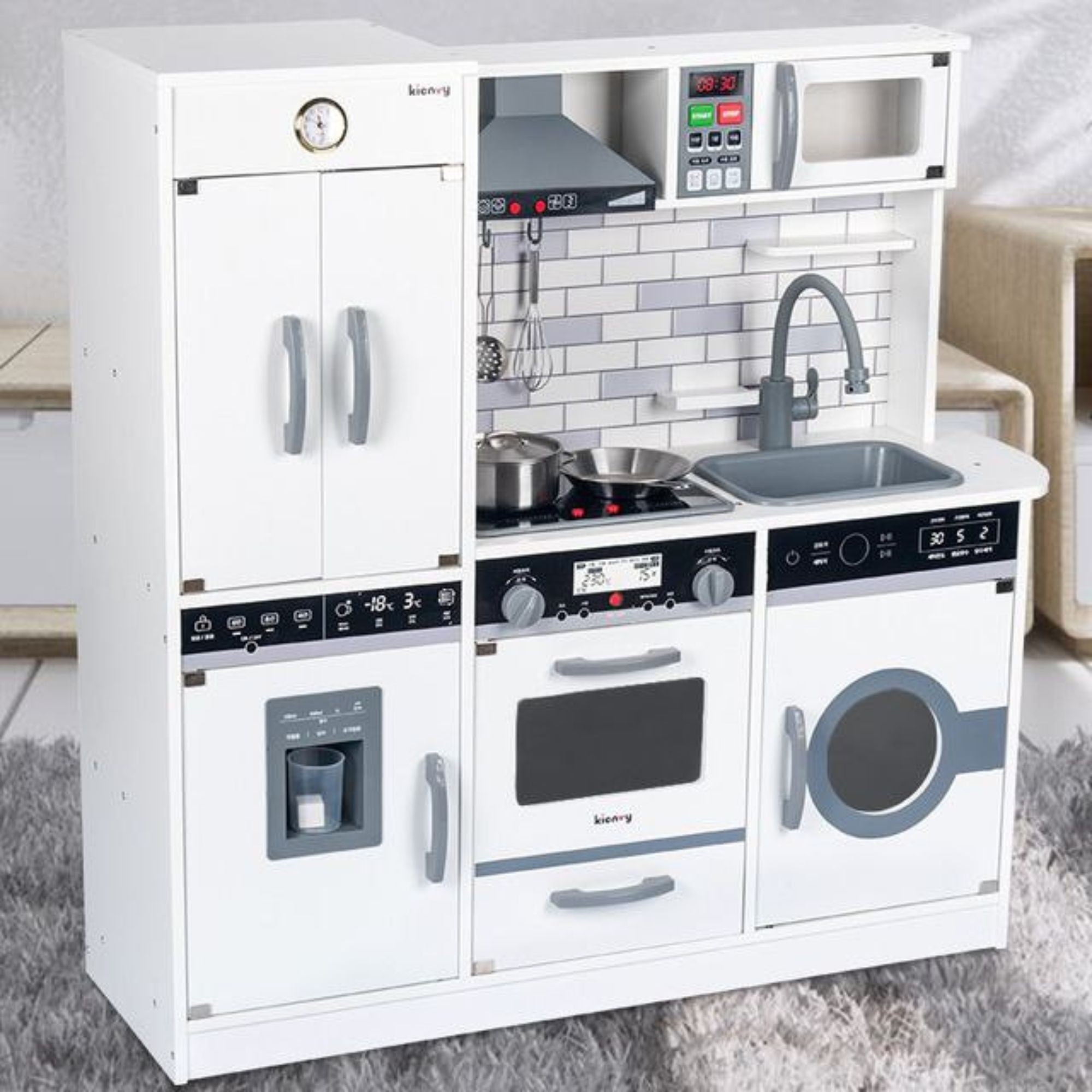 Bucatarie pentru Copii, Flippy, Multifunctionala, Interactiva, cu Sunete, Lumini, Frigider, Cuptor, Chiuveta si Hota, 90 x 90 x 30 cm, Alb