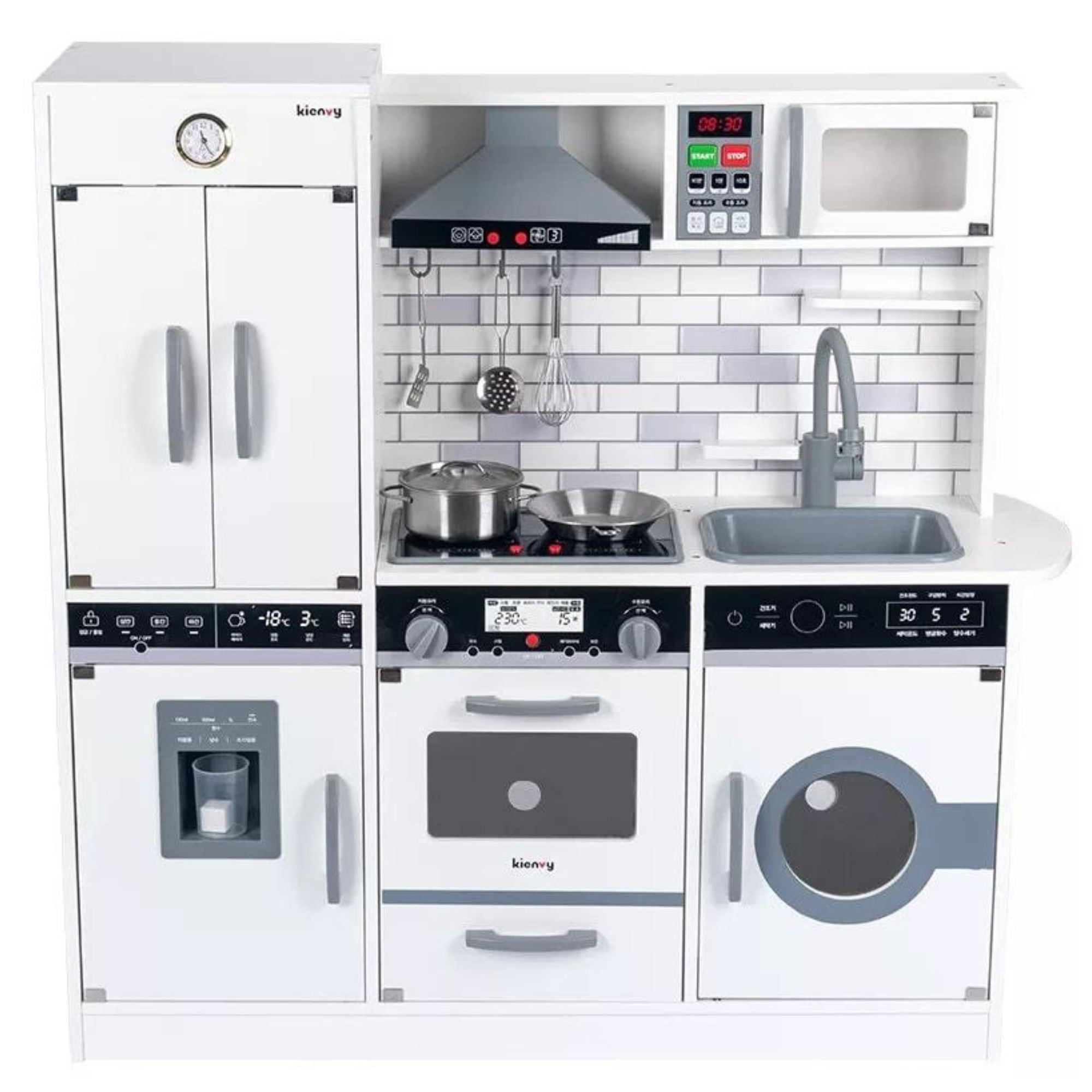 Bucatarie pentru Copii, Flippy, Multifunctionala, Interactiva, cu Sunete, Lumini, Frigider, Cuptor, Chiuveta si Hota, 90 x 90 x 30 cm, Alb