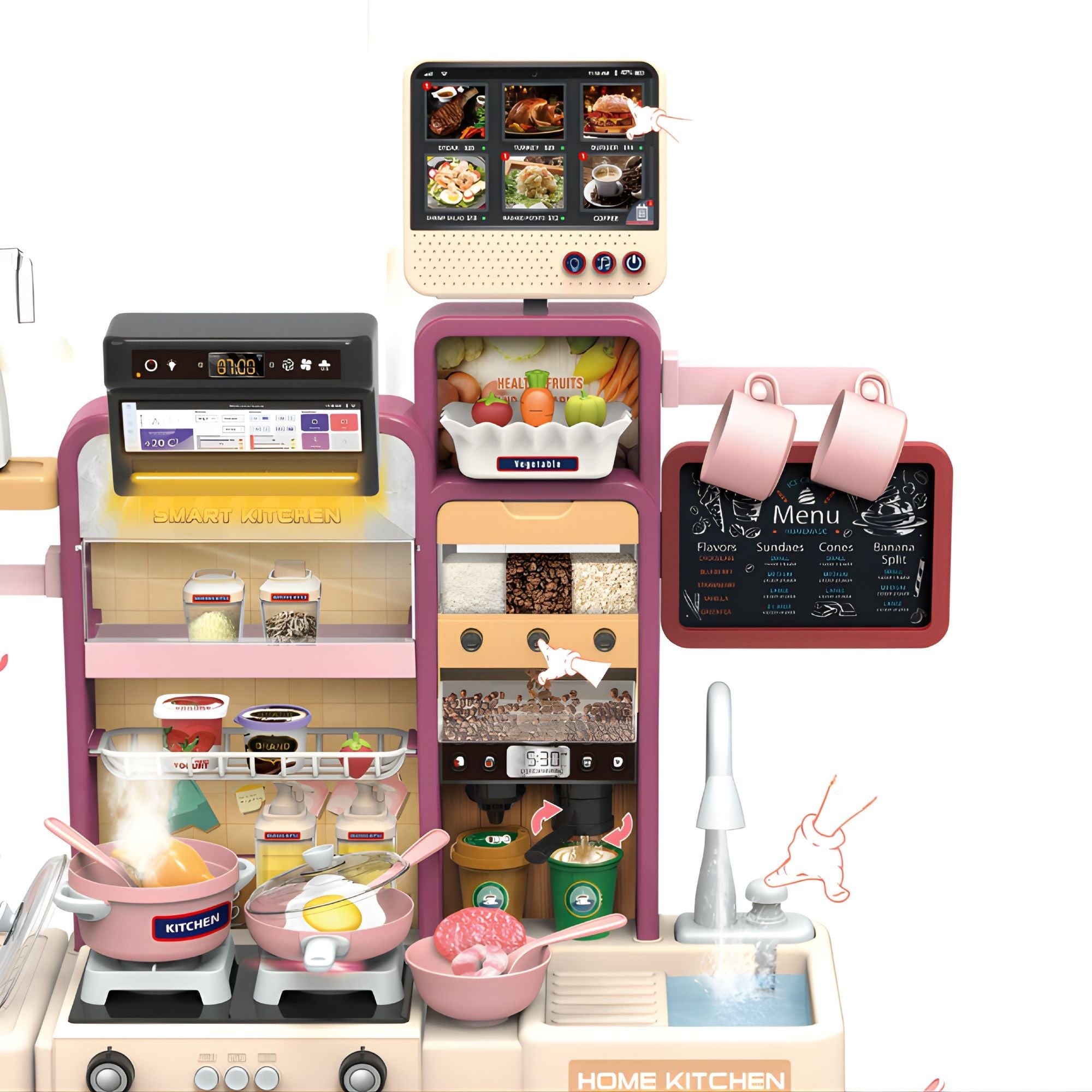 Bucatarie pentru Copii, Jucarie Montessori, din Plastic Rezistent, Set de Joaca Educativ cu Electrocasnice, Ustensile, Alimente, Accesorii pentru Gatit, 68 x 23 x 93 cm, Alb/Mov