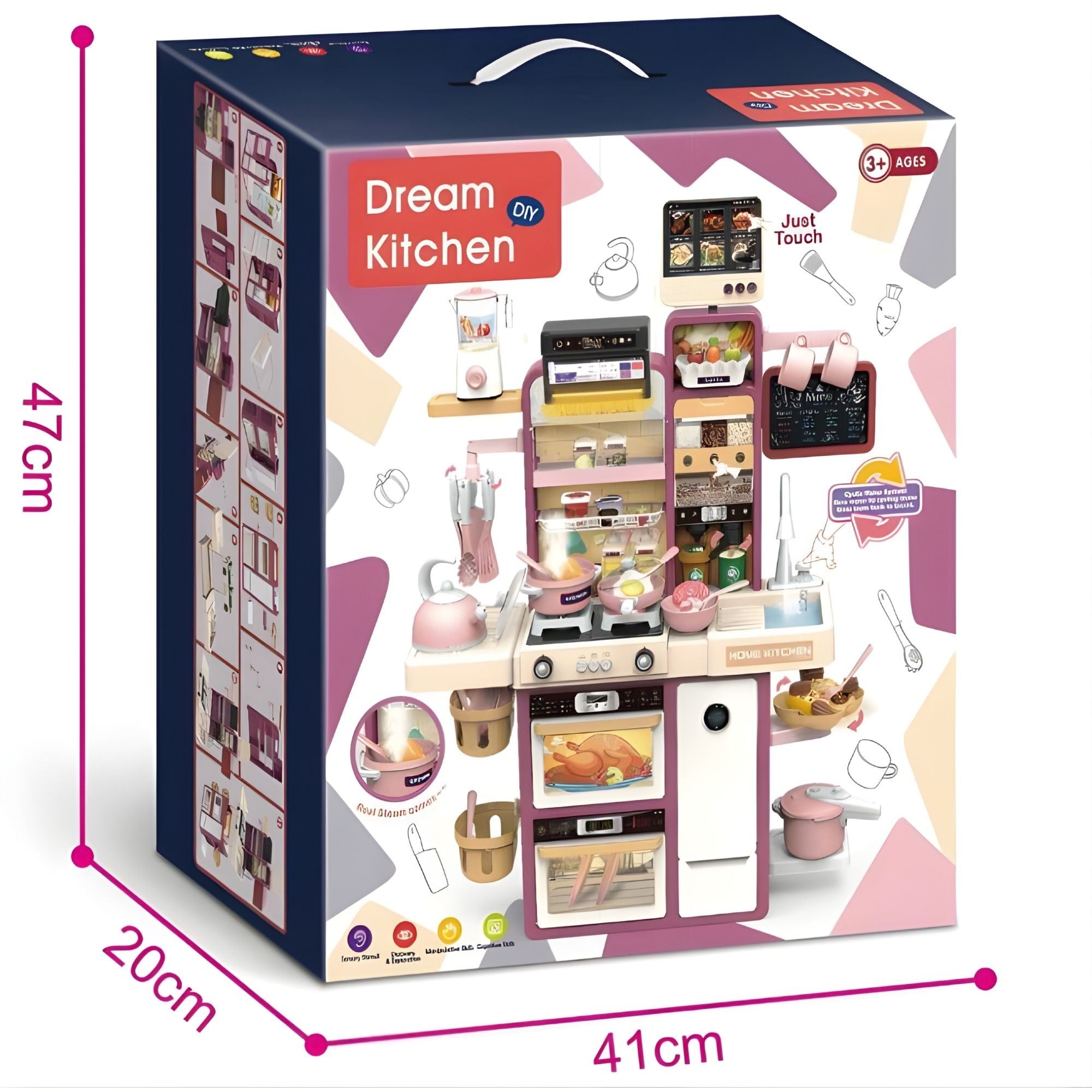 Bucatarie pentru Copii, Jucarie Montessori, din Plastic Rezistent, Set de Joaca Educativ cu Electrocasnice, Ustensile, Alimente, Accesorii pentru Gatit, 68 x 23 x 93 cm, Alb/Mov