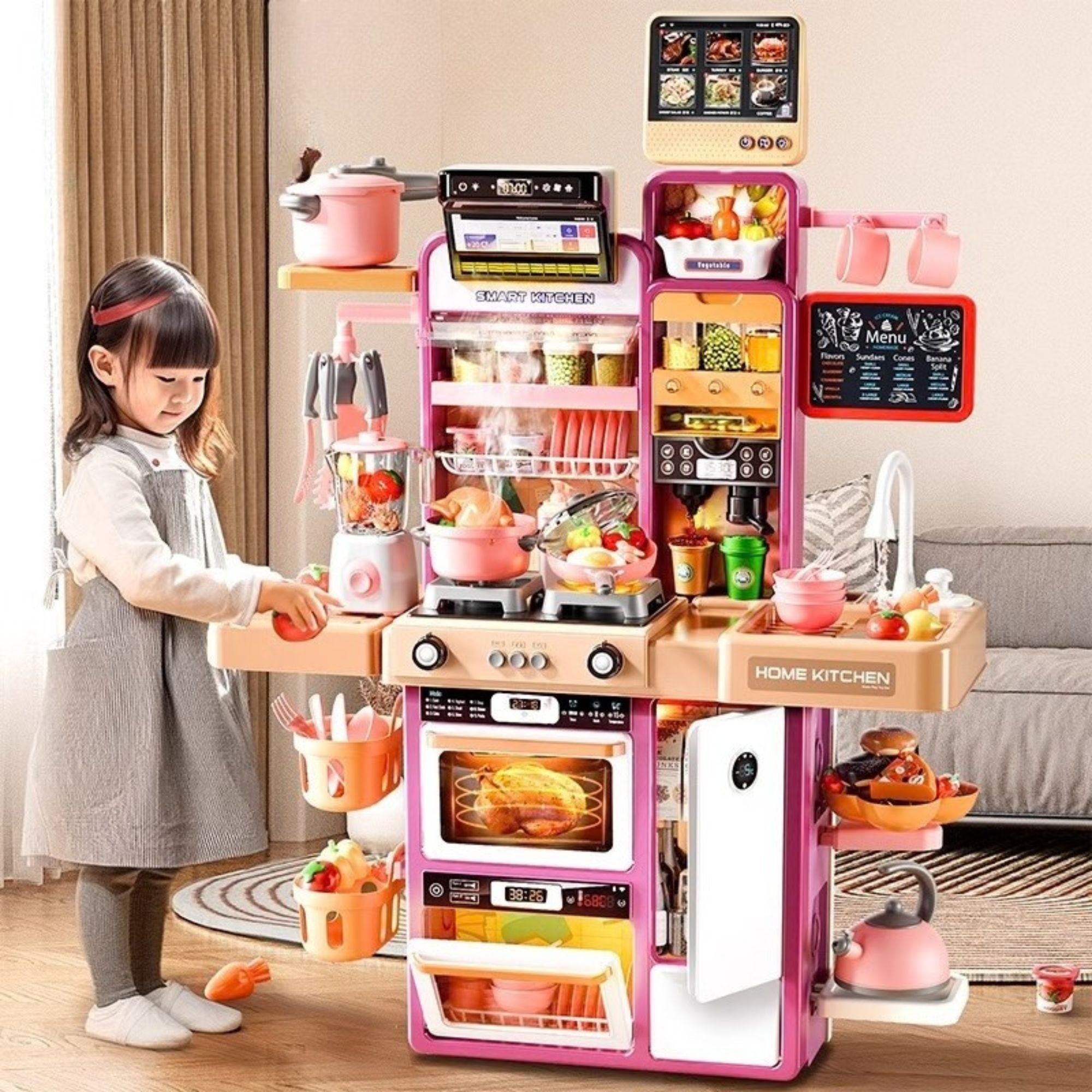 Bucatarie pentru Copii, Jucarie Montessori, din Plastic Rezistent, Set de Joaca Educativ cu Electrocasnice, Ustensile, Alimente, Accesorii pentru Gatit, 68 x 23 x 93 cm, Alb/Mov