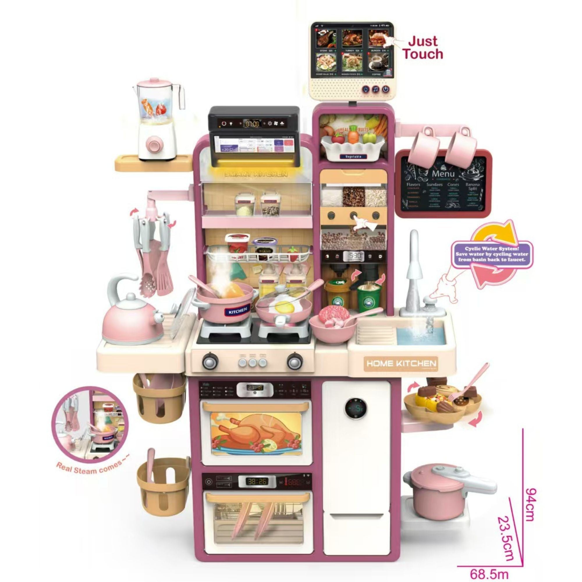 Bucatarie pentru Copii, Jucarie Montessori, din Plastic Rezistent, Set de Joaca Educativ cu Electrocasnice, Ustensile, Alimente, Accesorii pentru Gatit, 68 x 23 x 93 cm, Alb/Mov