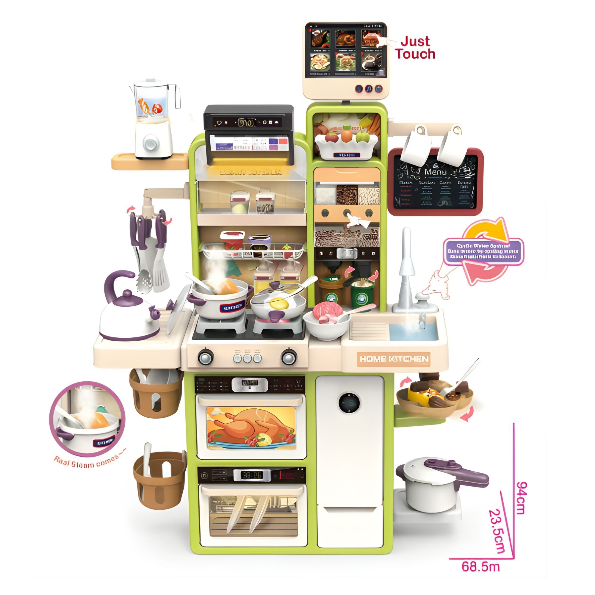 Bucatarie pentru Copii, Flippy, Jucarie Montessori, din Plastic Rezistent, Set de Joaca Educativ cu Electrocasnice, Ustensile, Alimente, Accesorii pentru Gatit, 68 x 23 x 93 cm, Alb/Verde
