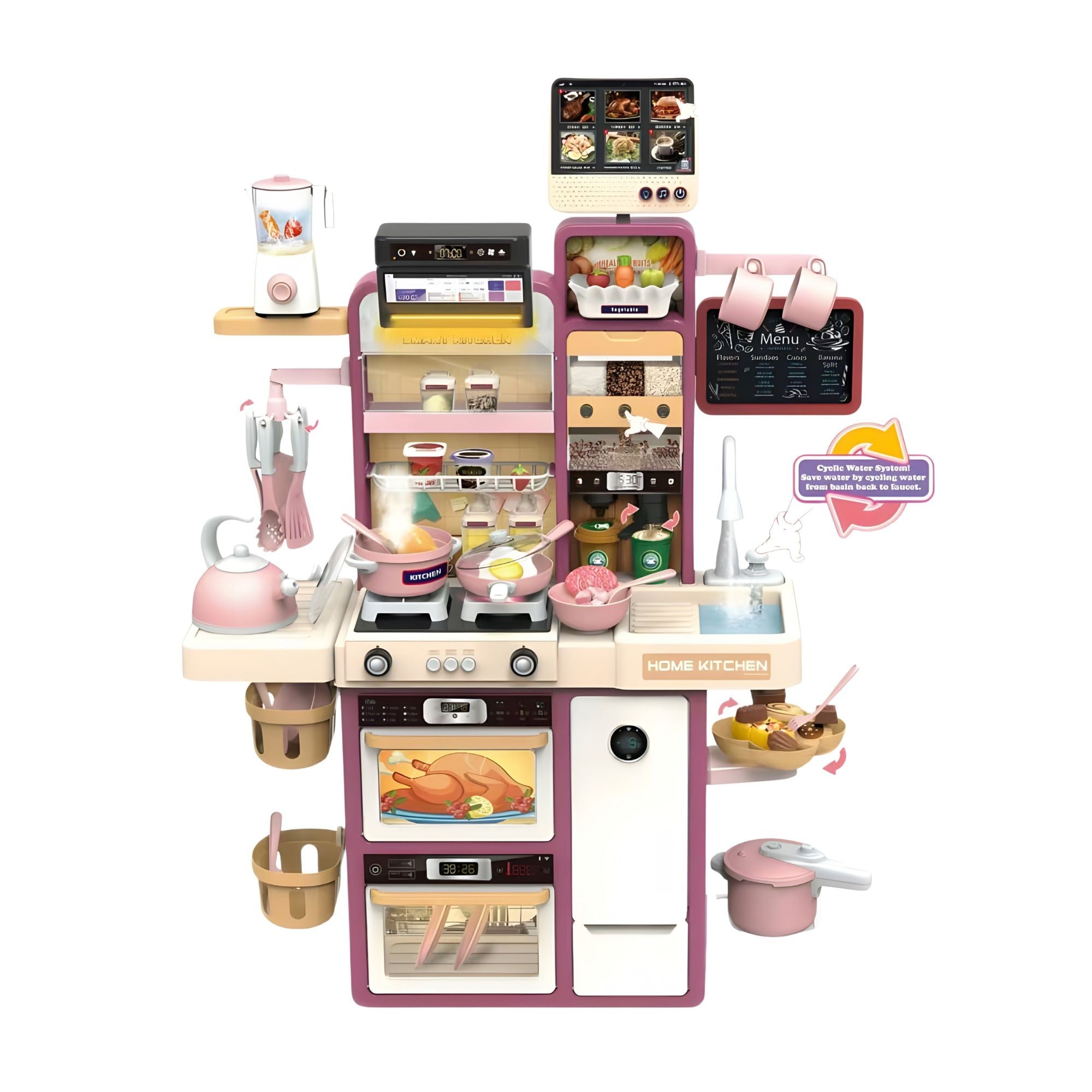 Bucatarie pentru Copii, Jucarie Montessori, din Plastic Rezistent, Set de Joaca Educativ cu Electrocasnice, Ustensile, Alimente, Accesorii pentru Gatit, 68 x 23 x 93 cm, Alb/Mov