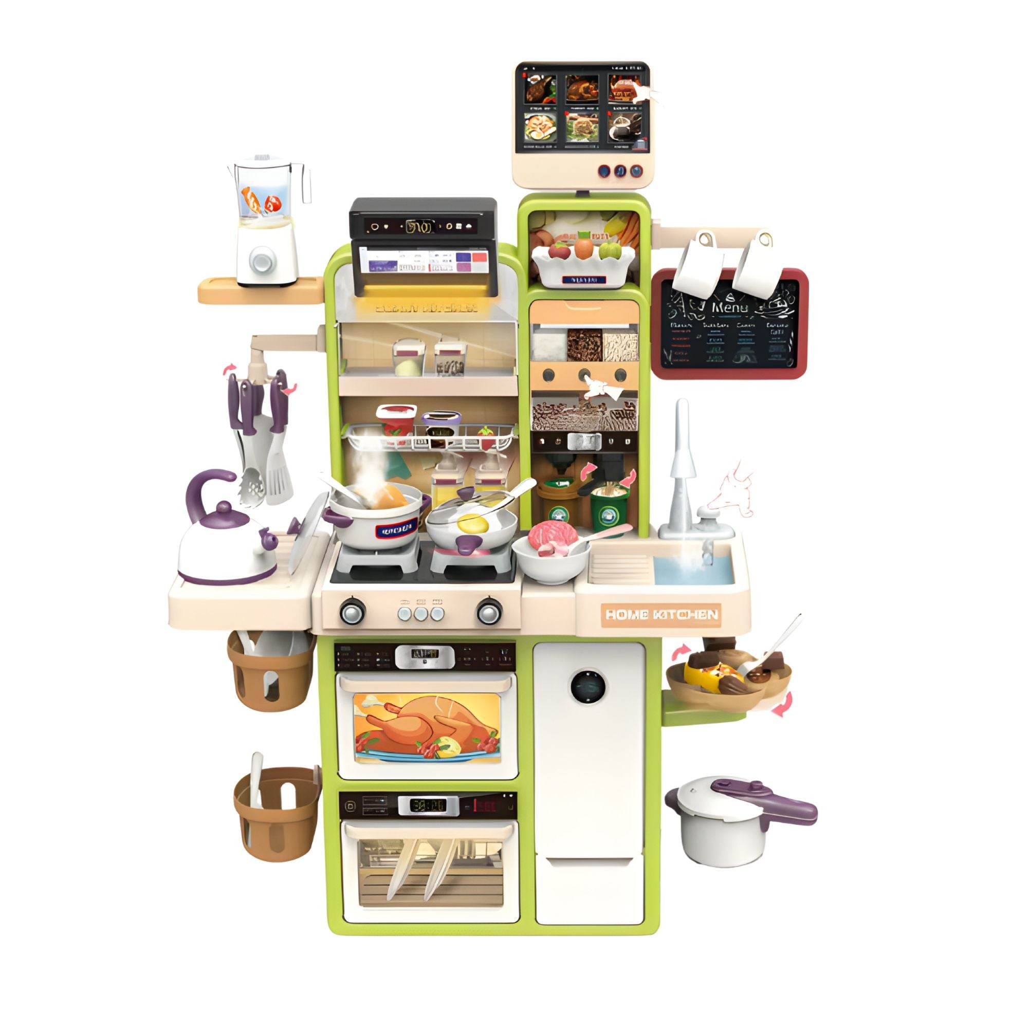 Bucatarie pentru Copii, Flippy, Jucarie Montessori, din Plastic Rezistent, Set de Joaca Educativ cu Electrocasnice, Ustensile, Alimente, Accesorii pentru Gatit, 68 x 23 x 93 cm, Alb/Verde
