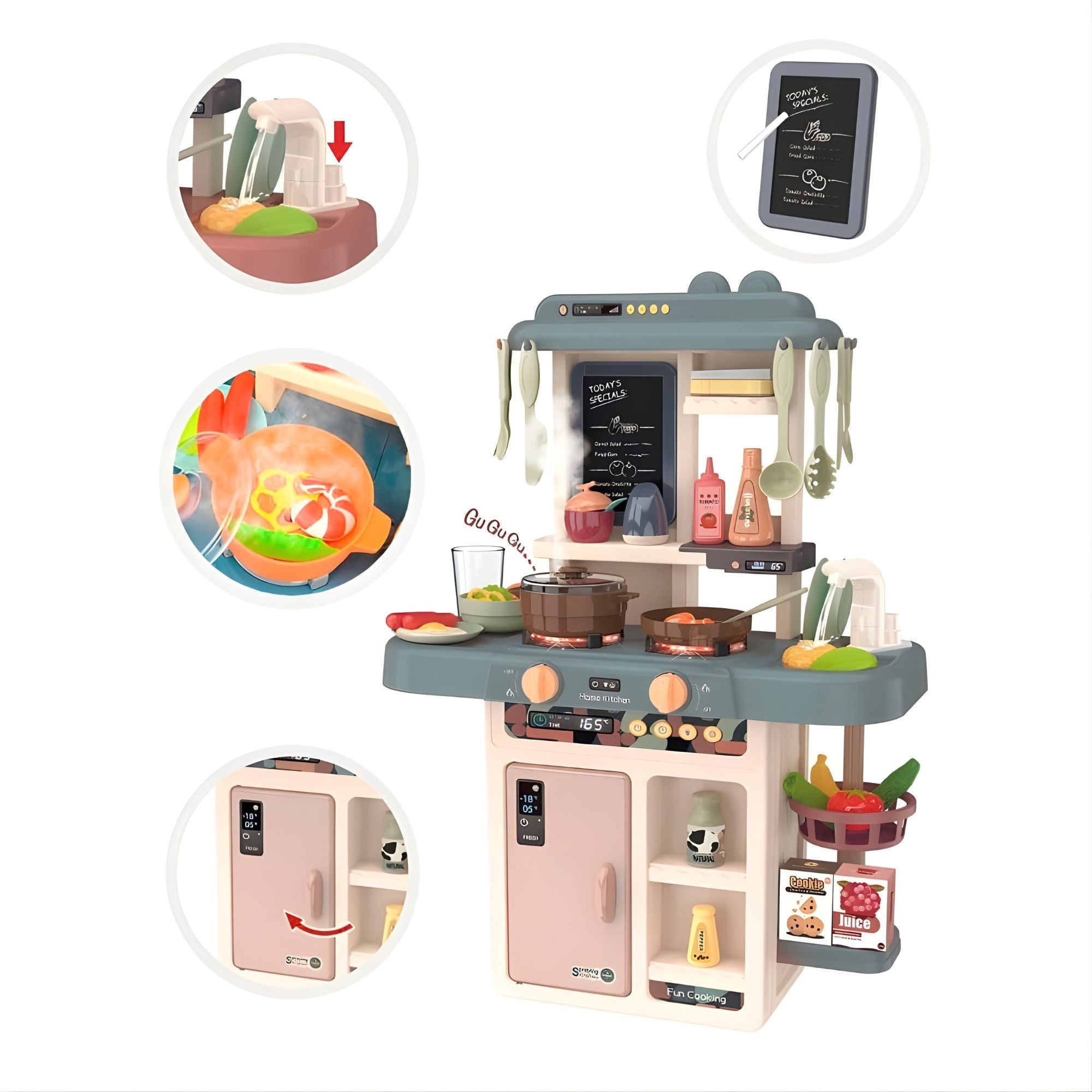 Bucatarie Multifunctionala pentru Copii, Flippy, Jucarie Interactiva, cu Lumini, Sunete, Abur si Apa Reala, Robinet cu Circuit de Apa, 42 Accesorii Incluse, 46 x 22 x 63 cm, Bej/Gri Inchis