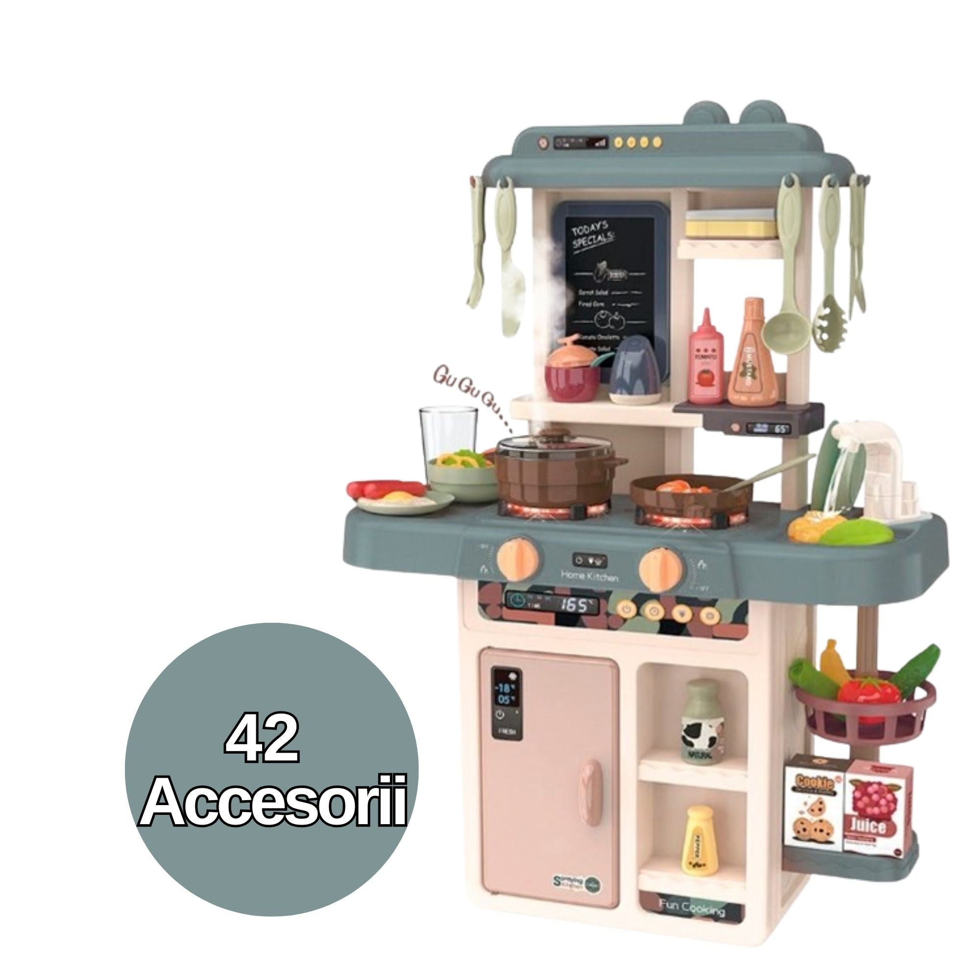 Bucatarie Multifunctionala pentru Copii, Flippy, Jucarie Interactiva, cu Lumini, Sunete, Abur si Apa Reala, Robinet cu Circuit de Apa, 42 Accesorii Incluse, 46 x 22 x 63 cm, Bej/Gri Inchis