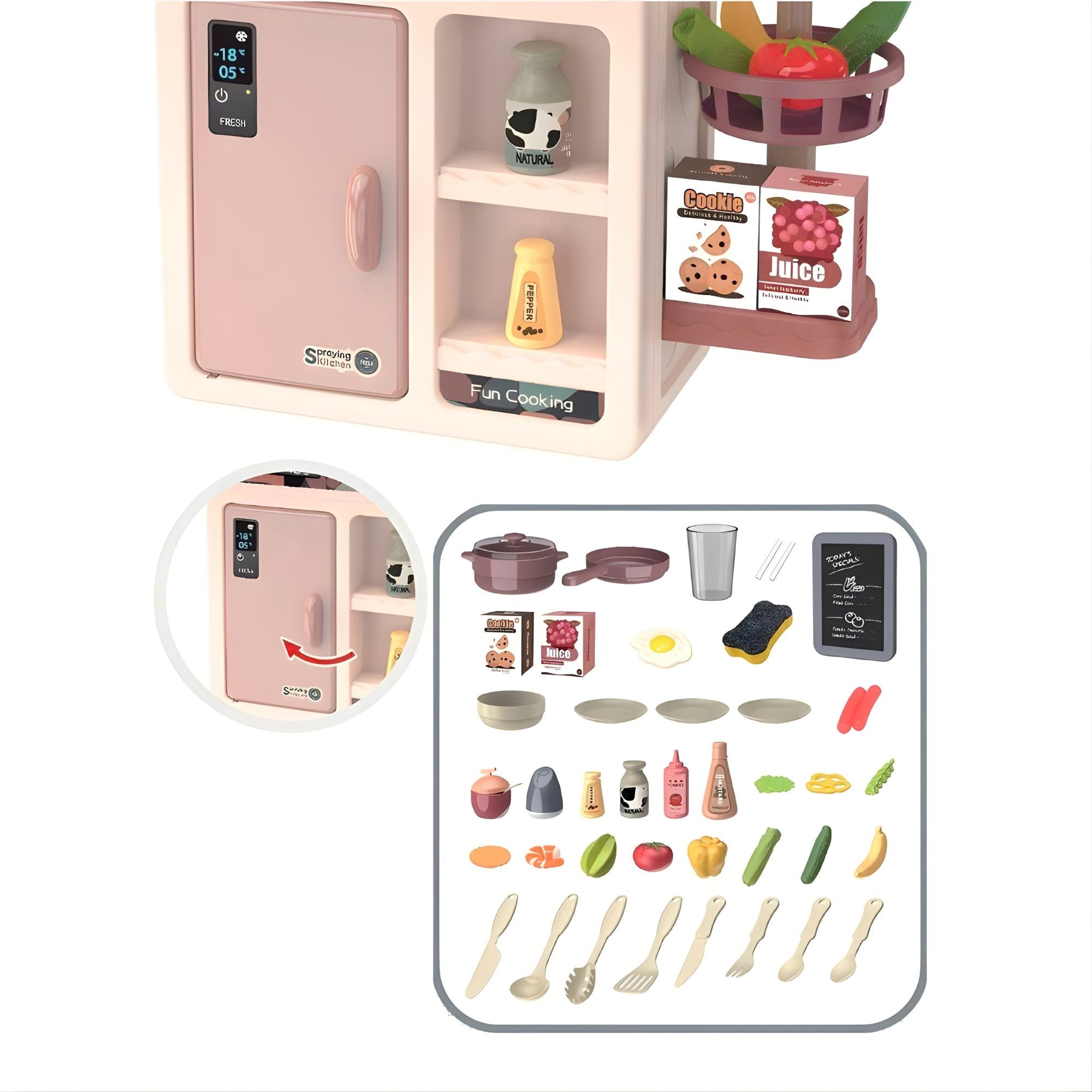 Bucatarie Multifunctionala pentru Copii, Flippy, Jucarie Interactiva, cu Lumini, Sunete, Abur si Apa Reala, Robinet cu Circuit de Apa, 42 Accesorii Incluse, 46 x 22 x 63 cm, Bej/Gri Inchis