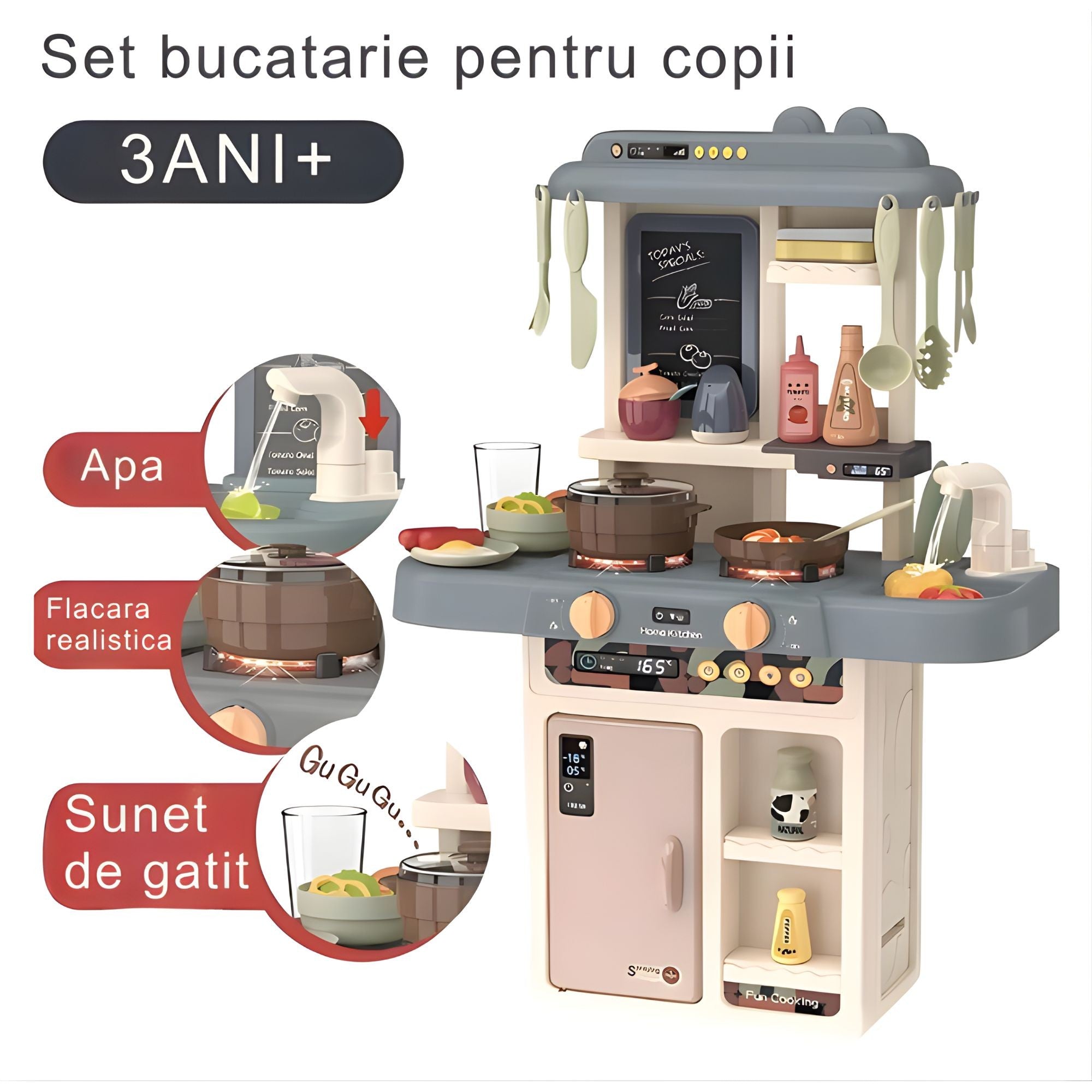 Bucatarie Multifunctionala pentru Copii, Flippy, Jucarie Interactiva, cu Lumini, Sunete, Abur si Apa Reala, Robinet cu Circuit de Apa, 42 Accesorii Incluse, 46 x 22 x 63 cm, Bej/Gri Inchis