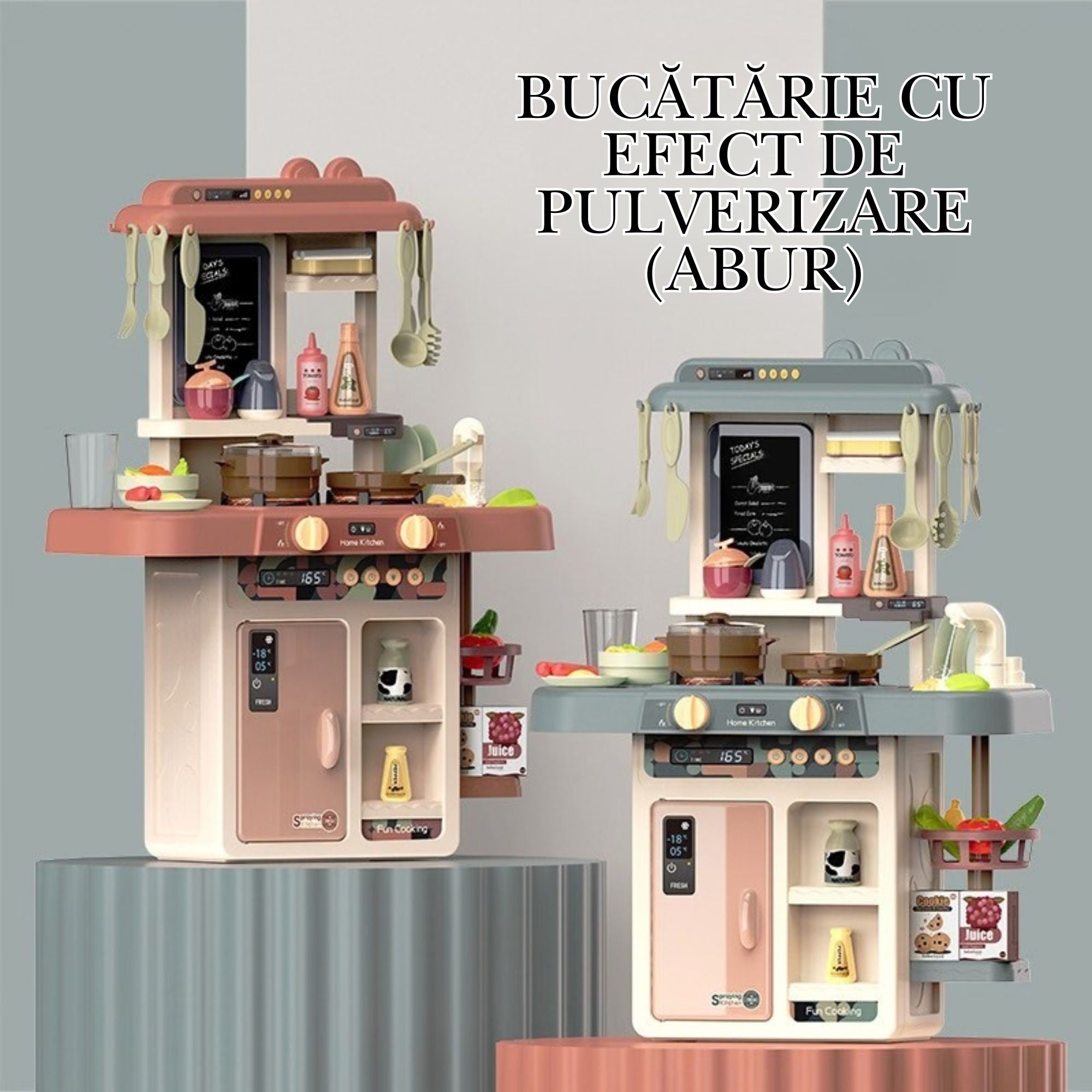 Bucatarie Multifunctionala pentru Copii, Flippy, Jucarie Interactiva, cu Lumini, Sunete, Abur si Apa Reala, Robinet cu Circuit de Apa, 42 Accesorii Incluse, 46 x 22 x 63 cm, Bej/Gri Inchis