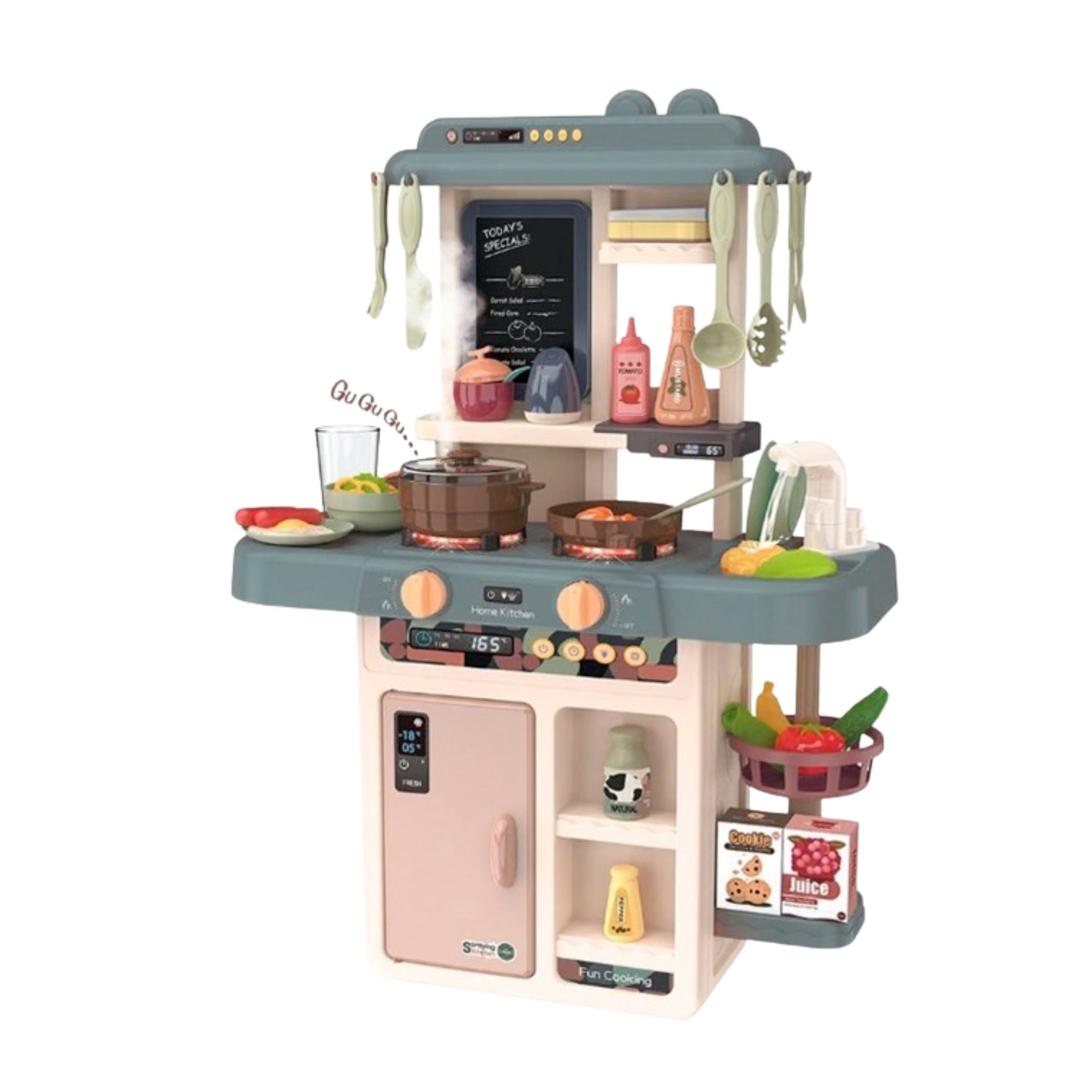 Bucatarie Multifunctionala pentru Copii, Flippy, Jucarie Interactiva, cu Lumini, Sunete, Abur si Apa Reala, Robinet cu Circuit de Apa, 42 Accesorii Incluse, 46 x 22 x 63 cm, Bej/Gri Inchis