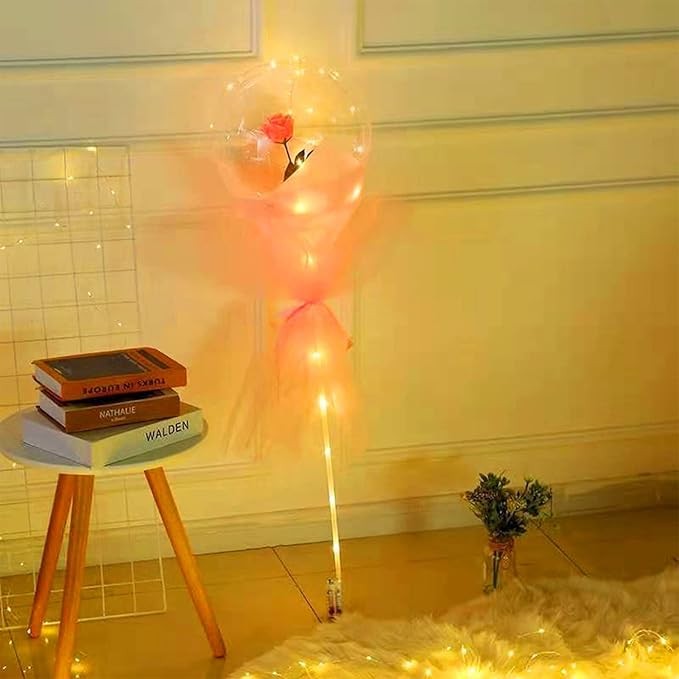 Buchet Decorativ, Trandafir in Balon cu Lumini Led, Diametru 35 cm, 2 x Baterii AA (neincluse), Sampanie