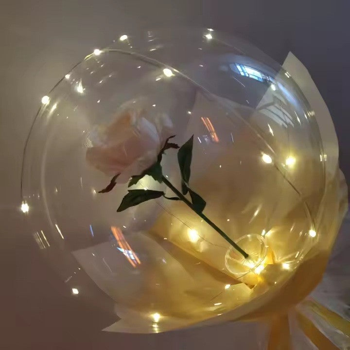 Buchet Decorativ, Trandafir in Balon cu Lumini Led, Diametru 35 cm, 2 x Baterii AA (neincluse), Sampanie