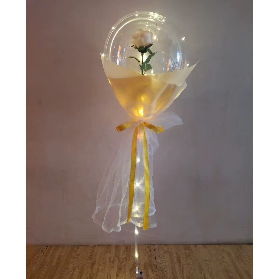 Buchet Decorativ, Trandafir in Balon cu Lumini Led, Diametru 35 cm, 2 x Baterii AA (neincluse), Sampanie