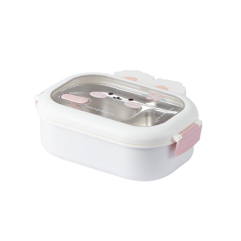 Cutie pentru Pranz sau Gustari, Flippy, cu Doua Compartimente, Model Iepuras, pentru Copii si Adulti, Etansare, PP, Perfect pentru Scoala si Birou, 1000 mL, 22x17.8x8 cm, Alb