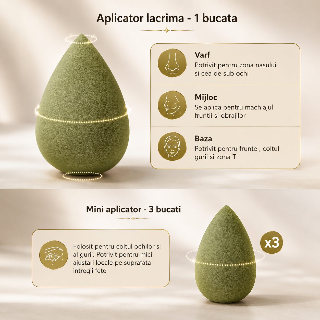Bureti de Machiaj, Set Premium 7 bucati, Burete pentru Pudra de Machiaj, Forma Ovala, Poliuretan hidrofil, Verde