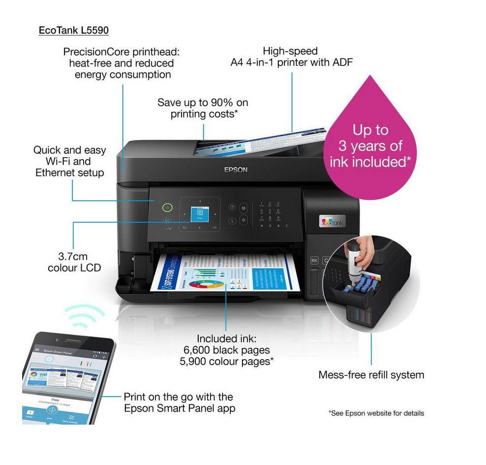 Multifunctional Inkjet CISS Color Epson L5590, A4, Functii:Impr|Scan|Cop|Fax,Viteza Print Mono:33ppm,Viteza Print color:15ppm,Conectiv:USB|Retea|Wi-Fi,Duplex:,ADF:Da, "C11CK57403"(RAPO)