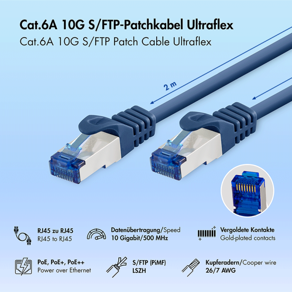 PATCH CORD S/FTP Logilink Cat6a, LSZH, Ultraflex, cupru, PoE/PoE+/PoE++, 2 m, albastru, AWG26, dublu ecranat 