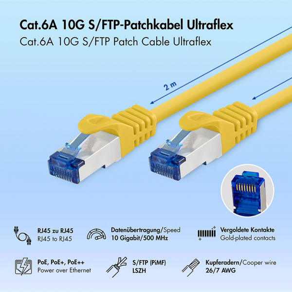 PATCH CORD S/FTP Logilink Cat6a, LSZH, Ultraflex, cupru, PoE/PoE+/PoE++, 2 m, portocaliu, AWG26, dublu ecranat 
