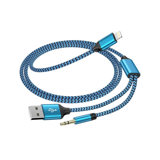 Cablu 2 in 1 Audio si Incarcare USB, Adaptor Jack 3.5 mm, Auxiliar Compatibil iPhone Flippy, Albastru