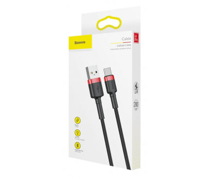 CABLU alimentare si date Baseus Cafule, Fast Charging Data Cable pt. smartphone, USB la USB Type-C, 100W, braided, 2m, rosu + negru "CATKLF-C91" - 6953156278240