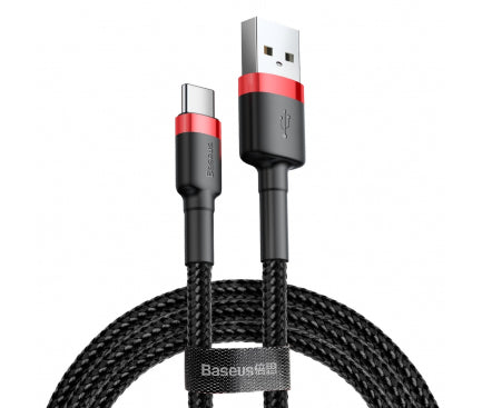 CABLU alimentare si date Baseus Cafule, Fast Charging Data Cable pt. smartphone, USB la USB Type-C, 100W, braided, 2m, rosu + negru "CATKLF-C91" - 6953156278240