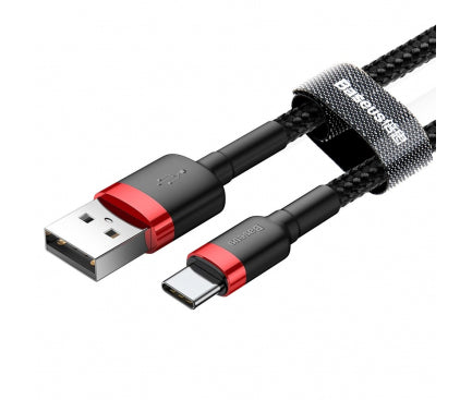 CABLU alimentare si date Baseus Cafule, Fast Charging Data Cable pt. smartphone, USB la USB Type-C, 100W, braided, 2m, rosu + negru "CATKLF-C91" - 6953156278240