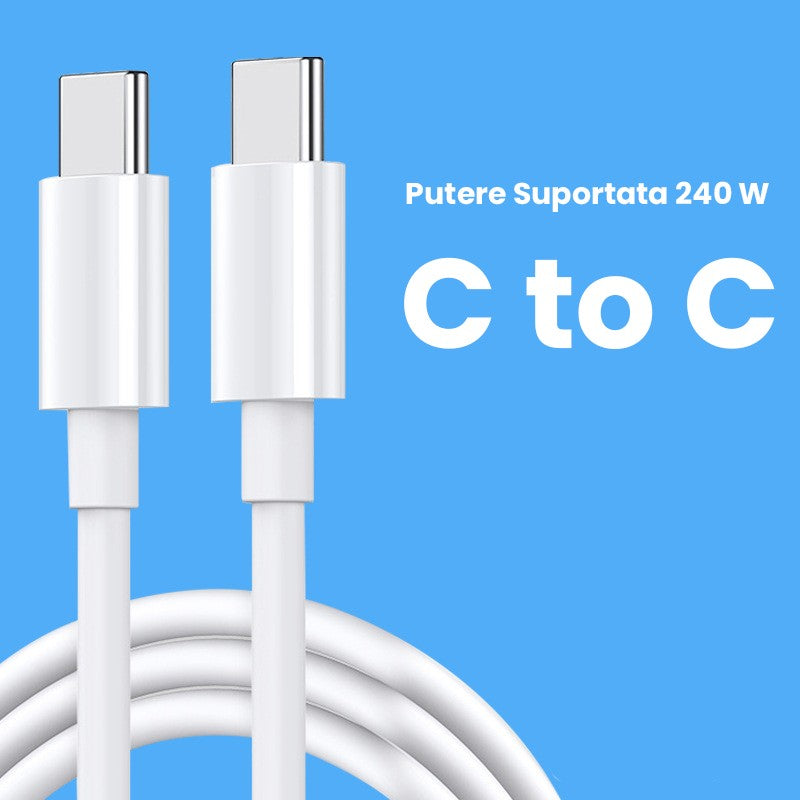 Cablu de Date pentru Telefon, Flippy, Cablu TYPE-C to TYPE-C Universal, Compatibil cu iOS si Android, Putere Suportata 240W, Fire 160 cupru, 1.5M, Simplu, Alb