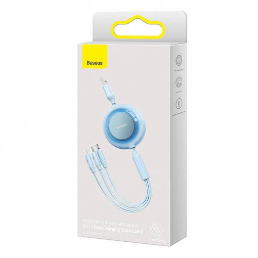 CABLU alimentare si date Baseus Bright Mirror 2, retractabil 3-in-1, pt smartphone,USB la Micro-USB+Lightning + USB Type-C 3.5A, 1.1m, albastru "CAMJ010017" - 6932172609047