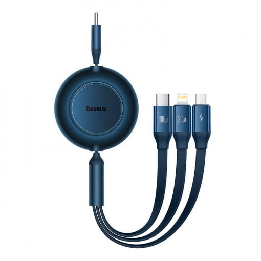 Cablu alimentare si date Baseus Bright Mirror 2, retractabil 3-in-1, pt smartphone,USB Type-C la Micro-USB + Lightning + USB Type-C 100W, 1.1m, albastru 