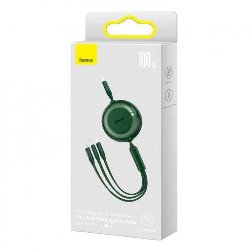 CABLU alimentare si date Baseus Bright Mirror 2 One-for-three Retractable, pt smartphone,USB Type-C la Micro-USB+Lightning + USB Type-C 100W, 1.1m, verde "CAMJ010206" - 6932172609160