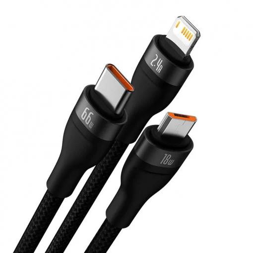 CABLU alimentare si date Baseus Flash, One-for-three Retractable, pt smartphone,USB la Micro-USB+Lightning + USB Type-C 66W, 1.2m, negru "CASS040001" - 6932172618100