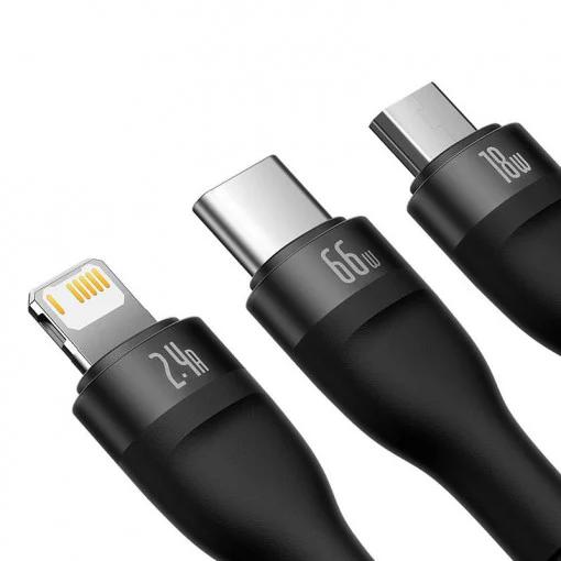 CABLU alimentare si date Baseus Flash, One-for-three Retractable, pt smartphone,USB la Micro-USB+Lightning + USB Type-C 66W, 1.2m, negru "CASS040001" - 6932172618100