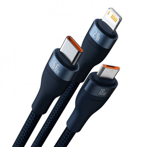 CABLU alimentare si date Baseus Flash Series II One-for-three, pt. smartphone, USB si USB Type-C la Micro-USB+Lightning+USB Type-C 66W, 1.2m, albastru "CASS040003" - 6932172618117