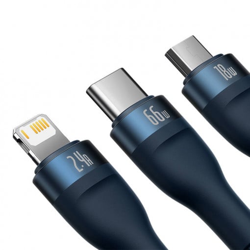 CABLU alimentare si date Baseus Flash Series II One-for-three, pt. smartphone, USB si USB Type-C la Micro-USB+Lightning+USB Type-C 66W, 1.2m, albastru "CASS040003" - 6932172618117