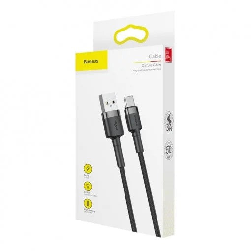 CABLU alimentare si date Baseus Cafule, Fast Charging Data Cable pt. smartphone, USB la USB Type-C 18W, 0.5m, gri + negru "CATKLF-AG1" - 6953156278189